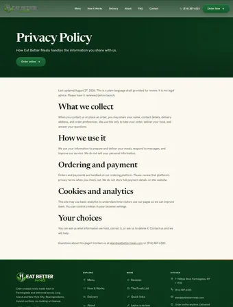 Privacy Policy page of the redesigned Eat Better Meals site