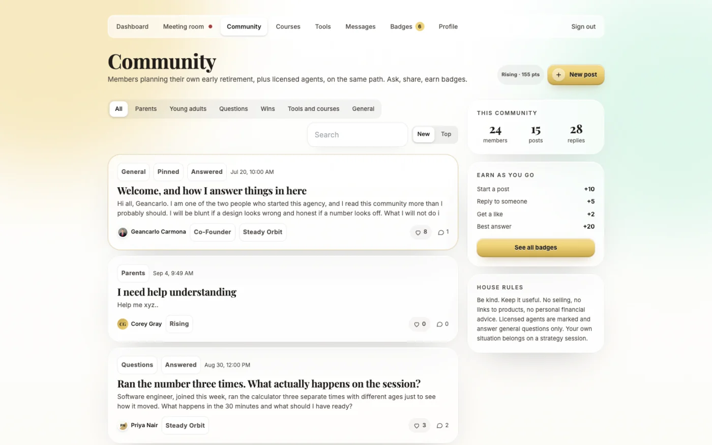 A membership platform member area showing the community feed, with posts, topic filters, member counts and a points panel.