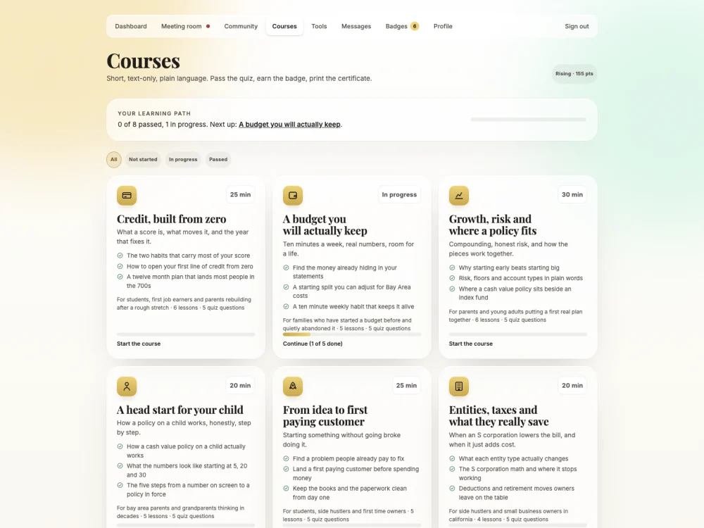 The courses area of the same membership platform, with lessons and progress tracking.