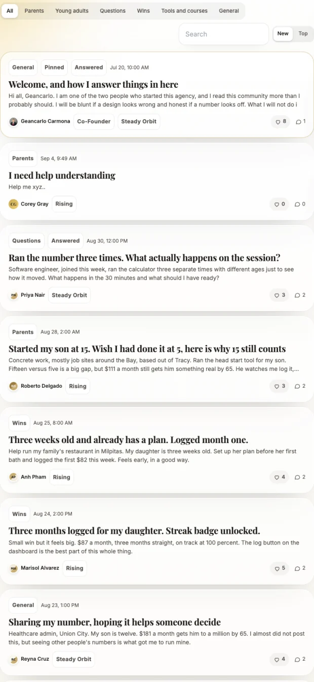 The community feed on a phone, showing member posts and replies.