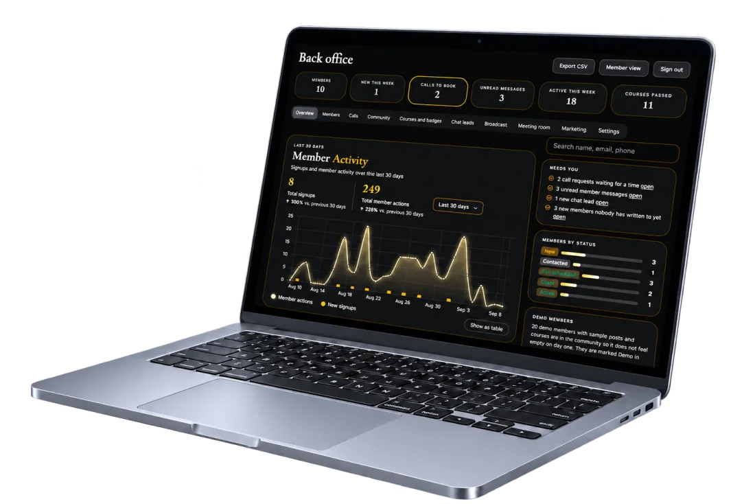 A laptop showing the black-and-gold membership back office we built.