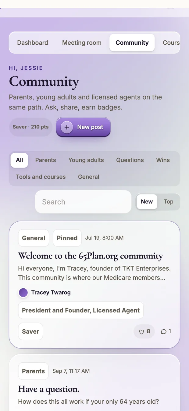 The member community on a phone, showing topic filters and member posts.