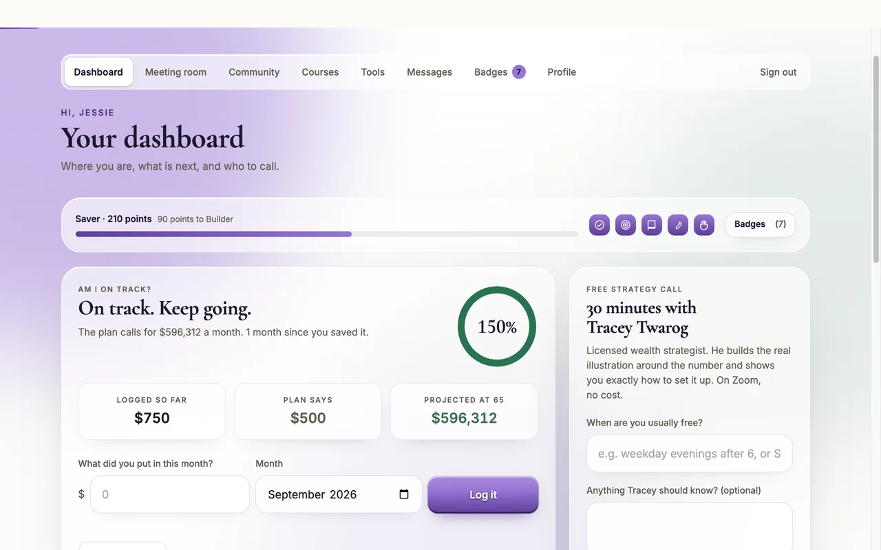 A member dashboard on 65Plan.org showing the member's progress, points and badges, an on-track savings tracker and a free strategy call booking panel.