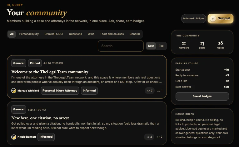 Moderated community feed with pinned posts, replies, badges and a topic filter.
