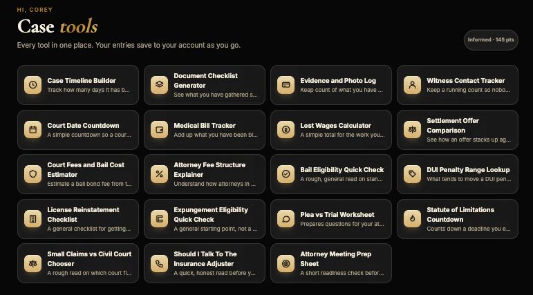 Interactive tools inside the member area, laid out as browsable cards.