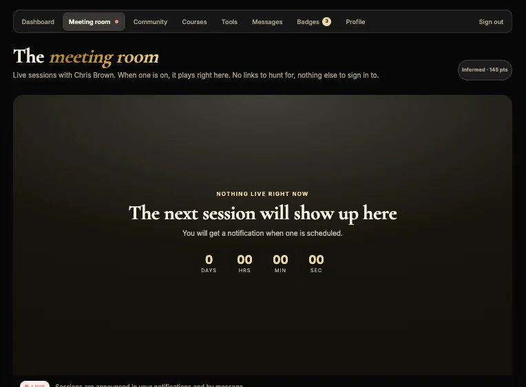 A live meeting room with session countdown, house rules and downloadable resources.