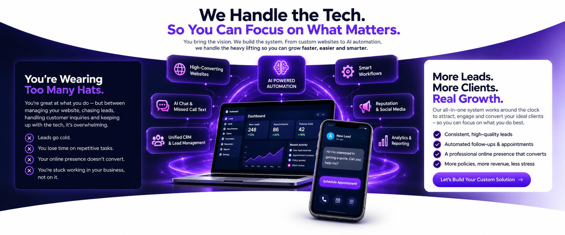 We handle the tech so you can focus on what matters. You bring the vision, we build the system: high-converting websites, AI-powered automation, smart workflows, AI chat and missed-call text, unified CRM and lead management, reputation and social media, and analytics and reporting. The result is more leads, more clients and real growth - consistent high-quality leads, automated follow-ups and appointments, a professional online presence that converts, and more policies, more revenue and less stress.